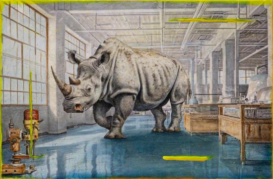 Nature feels the threat of man-made machines.
Nature reclaims the space that has always belonged to it and that was gradually lost to human hands.
The machine represents humans and the rhinoceros represents nature which is doing its revenge