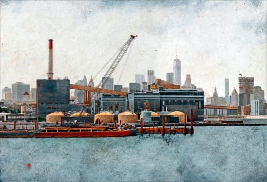 A view of Manhattan and Vinegar Hill from Brooklyn Navy Yard in New York. Industries in Manhattan.
