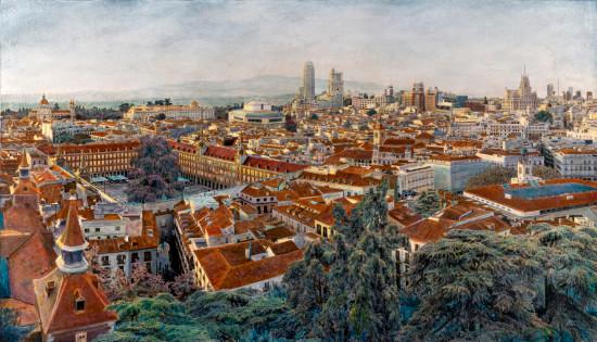 This is a comprehensive view of the city of Madrid at sunset, with the setting sun illuminating the buildings. 
But the city is very much transformed from reality:
One of Arriaga's captivating concepts revolves around the transformation of cities into Ideal Cities. Through recomposing urban spaces and incorporating elements of nature, such as rivers and trees, he envisions a world where nature supplants asphalt, creating a harmonious and balanced environment.

In his artistic process, Arriaga incorporates the Grisalla and Glazes technique, a traditional technique
method used by the ancient masters. They usually begin by painting the image all in black and white, creating a base known as grisaille, and then applying transparent color glazes layer by layer, producing a vibrant interplay of colors, gradients and volume.
Carlos employs photography as a grisaille, fashioning a photograph with minimal contrast and prominent highlights. This technique enables him to attain a notable sense of volume when translating it into painting, in conjunction with a unique texture. It ultimately yields a captivating vibrancy, depth of color, and a characteristic texture.
