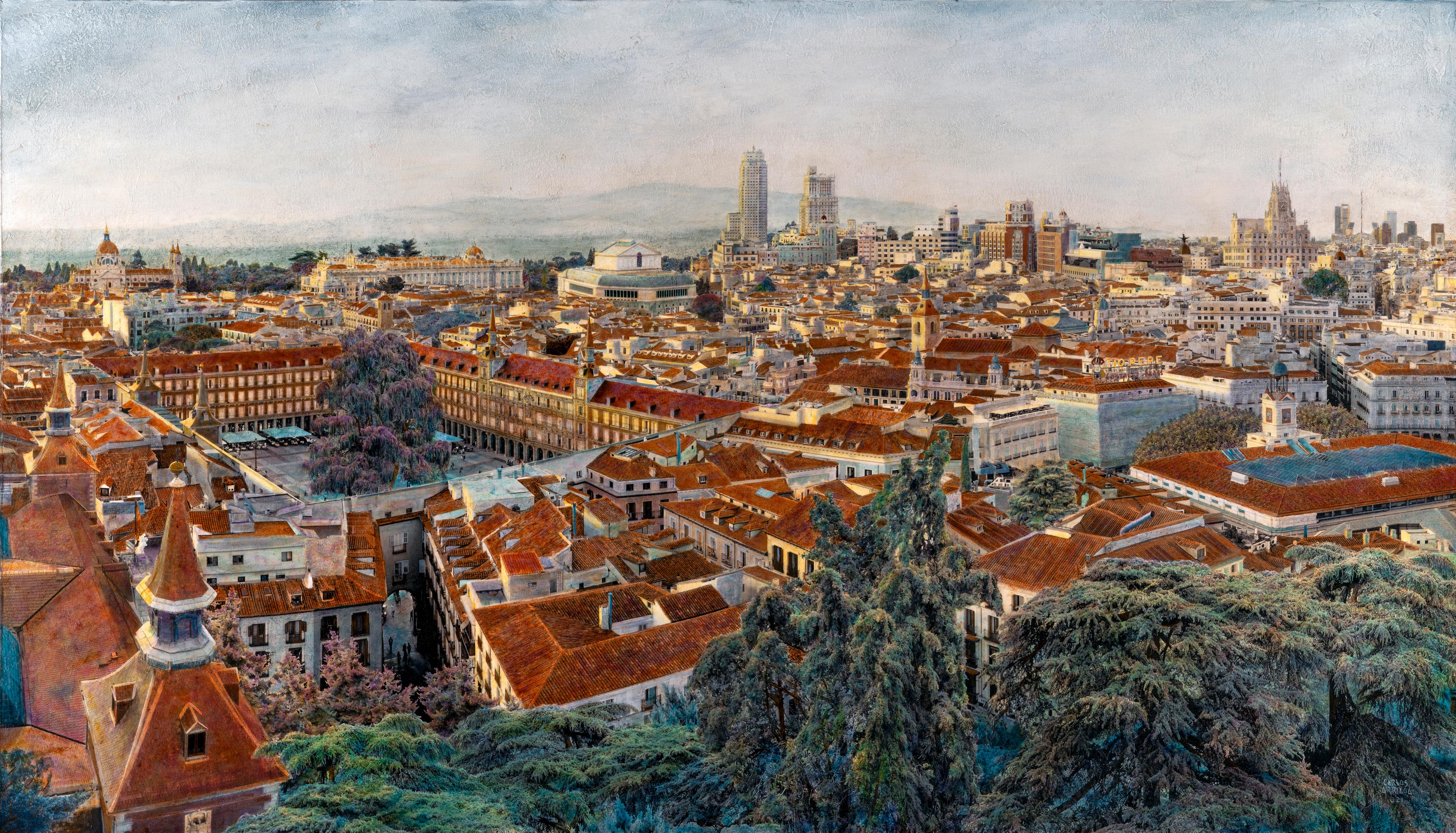 This is a comprehensive view of the city of Madrid at sunset, with the setting sun illuminating the buildings. 
But the city is very much transformed from reality:
One of Arriaga's captivating concepts revolves around the transformation of cities into Ideal Cities. Through recomposing urban spaces and incorporating elements of nature, such as rivers and trees, he envisions a world where nature supplants asphalt, creating a harmonious and balanced environment.

In his artistic process, Arriaga incorporates the Grisalla and Glazes technique, a traditional technique
method used by the ancient masters. They usually begin by painting the image all in black and white, creating a base known as grisaille, and then applying transparent color glazes layer by layer, producing a vibrant interplay of colors, gradients and volume.
Carlos employs photography as a grisaille, fashioning a photograph with minimal contrast and prominent highlights. This technique enables him to attain a notable sense of volume when translating it into painting, in conjunction with a unique texture. It ultimately yields a captivating vibrancy, depth of color, and a characteristic texture.
