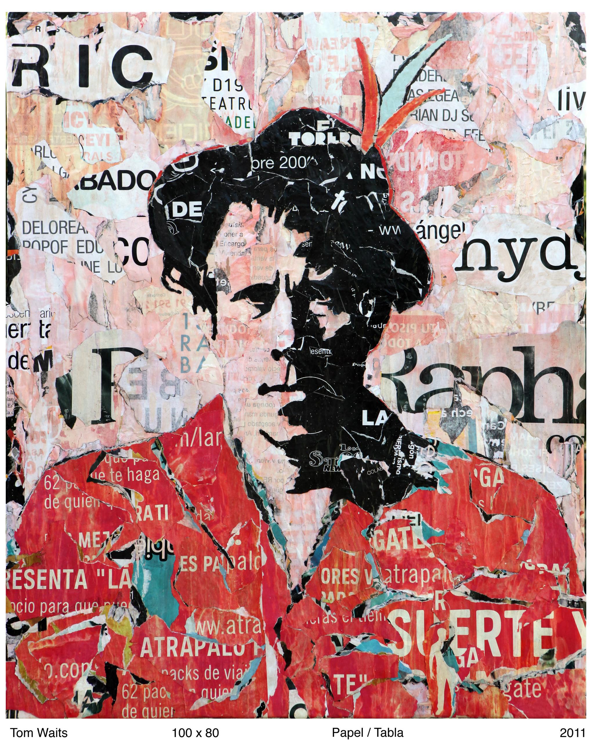 A portrait of Tom Waits made enterely with a collage of street poster's collages.