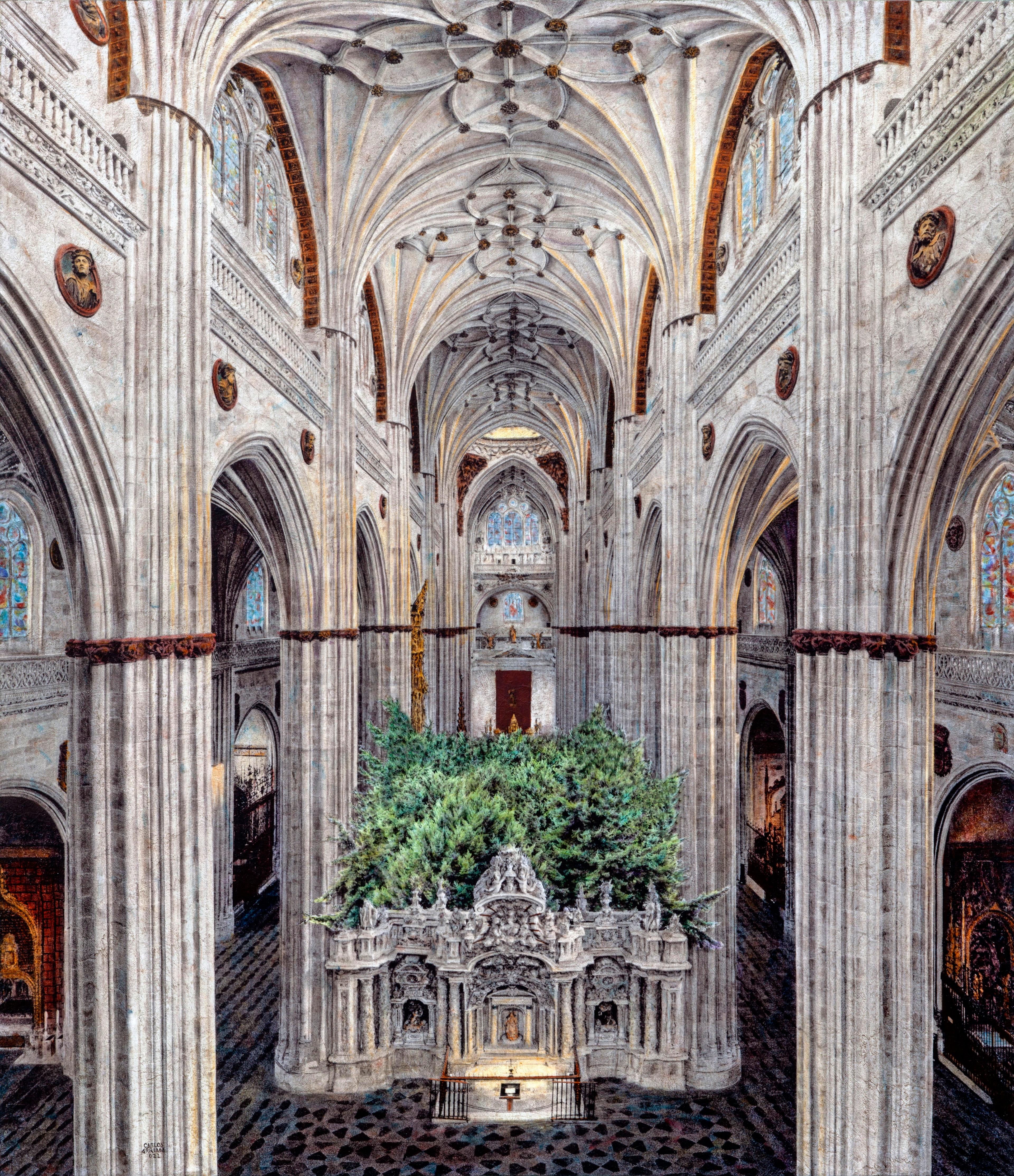 The interior of a cathedral, where human furnishings and usable space are gradually being replaced by a forest of trees. Nature is reclaiming the interior in a natural, gradual process, as it's only natural for nature to slowly replace the human intrusions.