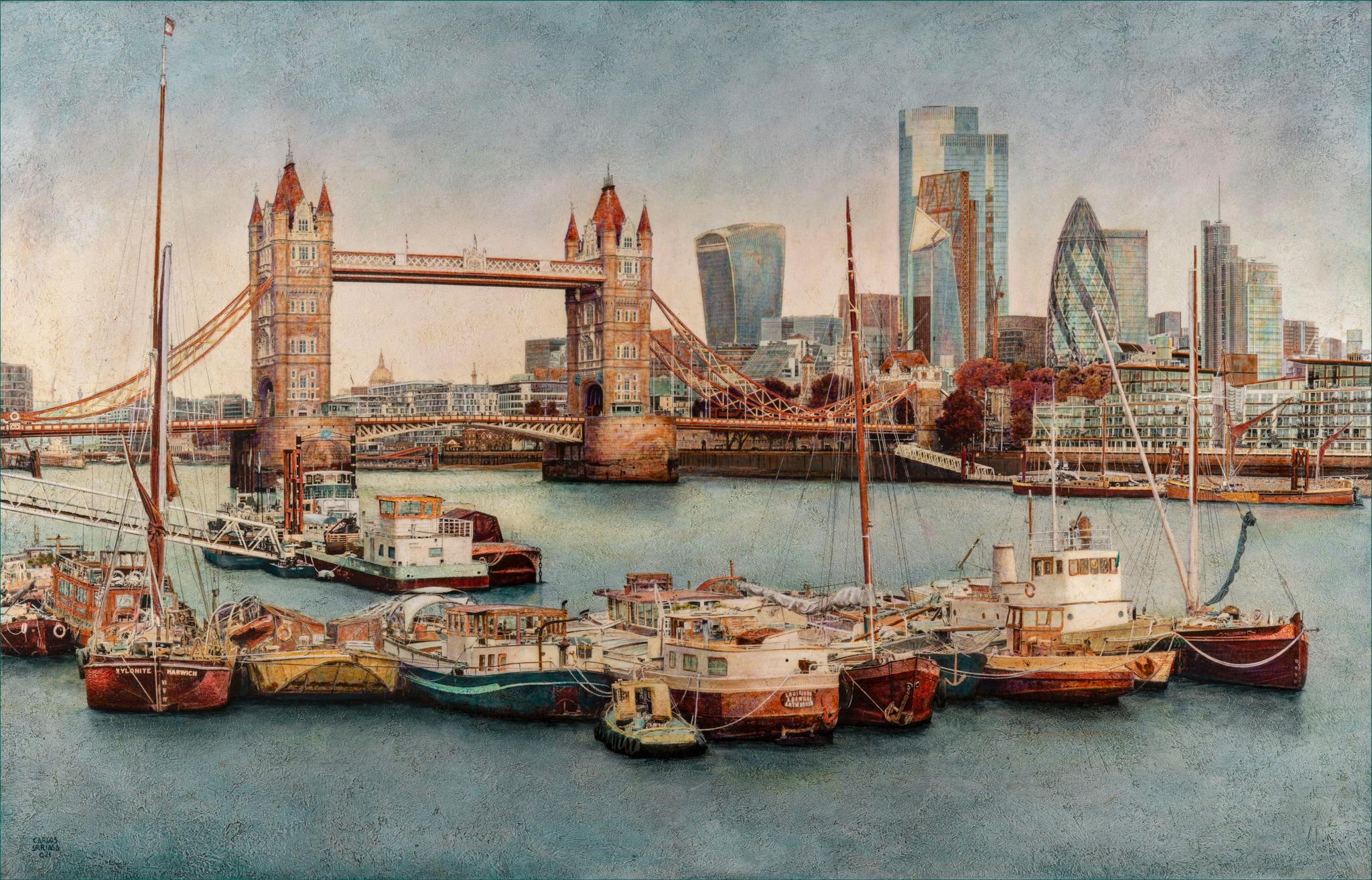 The London Bridge in a somewhat altered composition from reality, with certain buildings repositioned to create a significantly enhanced composition. The idealized city in this painting is a reverie of the urban landscape, closer to how it should be than how it actually is.

About the technique:
When painting in oil on the grisaille, there is a total control, both in shape and color. Working with oil paint is a huge advantage due to the great power you have over the image. By using transparent glazes, layer upon layer, you get very unique vibrations of color and textures.
