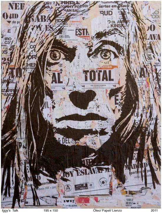 A portrait of Iggy Pop made with oil paint and with street poster's collages.