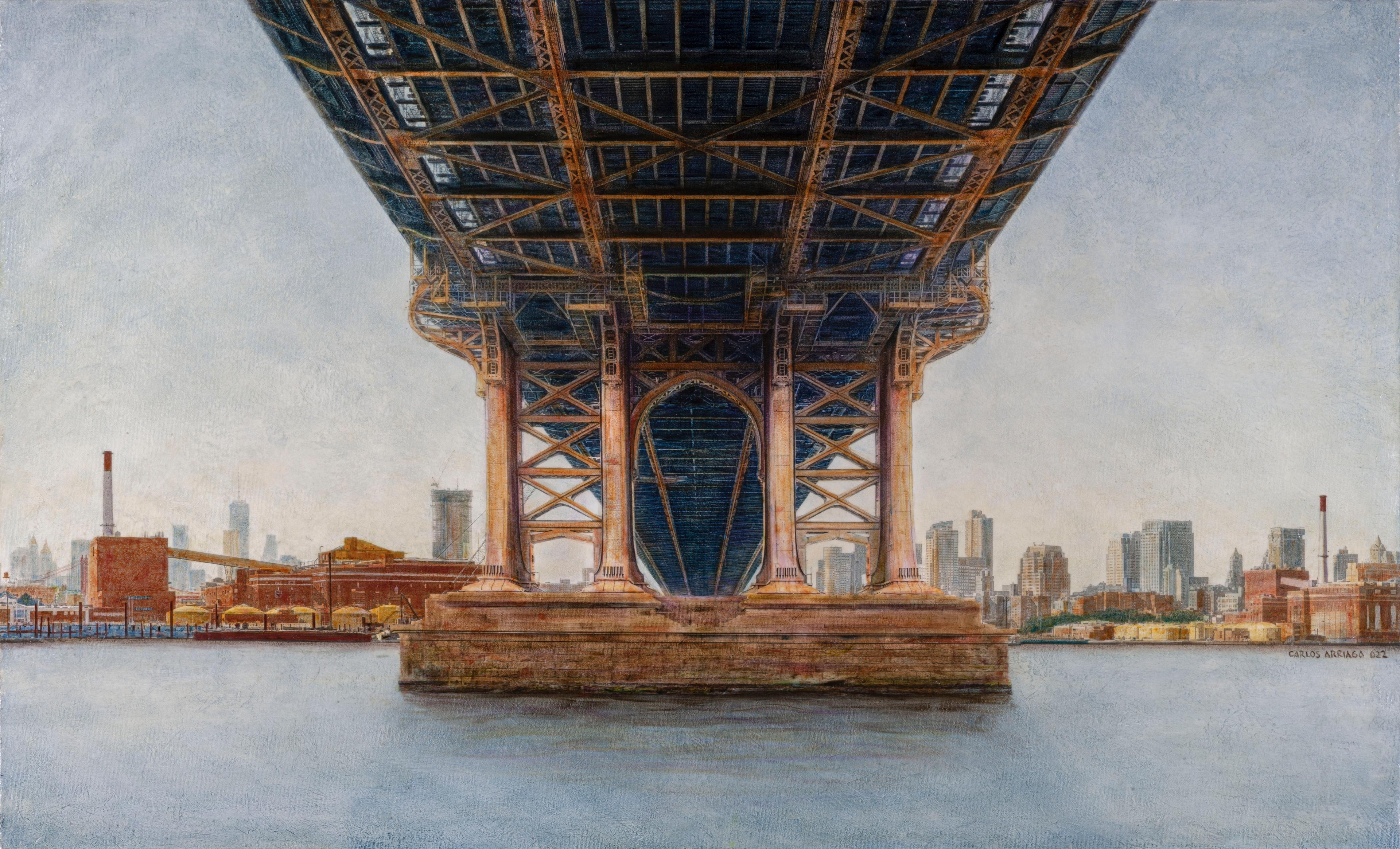 The big city seen from beneath one of the bridges spanning the East River, the Manhattan Bridge. The idealized city in this painting significantly enhances reality; it's a daydream of the city, closer to how it should be than how it is.
About the technique:
In his artistic process, Arriaga incorporates the Grisalla and Glazes technique, a traditional technique
method used by the ancient masters. They usually begin by painting the complete image all in black and white, creating a base known as grisaille, and then applying transparent glazes layer by layer,
producing a vibrant interplay of colors, gradients and volume. This technique adds depth and visual interest to his paintings. So Carlos employs photography as a grisaille, fashioning a photograph with minimal contrast and prominent highlights. This technique enables him to attain a notable sense of volume when translating it into painting, in conjunction with a unique texture. It ultimately yields a captivating vibrancy, depth of color, and a characteristic texture.