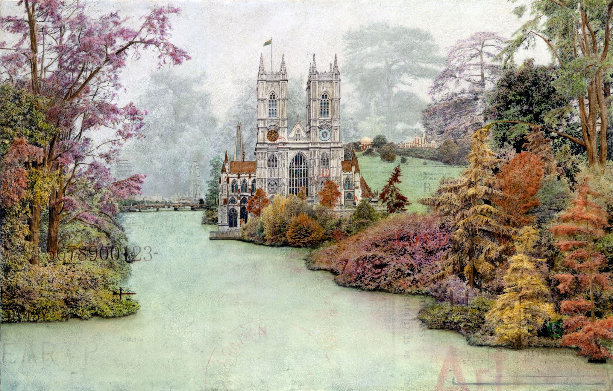 Westminster Abbey relocated in a beautiful riverside landscape with buildings that also belong to London but are rearranged to create a very elegant composition with a lot of freedom. This is essentially what art is about – a manifestation of freedom.
In his artistic process, Arriaga incorporates the Grisalla and Glazes technique, a traditional technique
method used by the ancient masters. They usually begin by painting the image all in black and white,
creating a base known as grisaille, and then applying transparent glazes layer by layer,
producing a vibrant interplay of colors, gradients and volume. This technique adds depth and visual interest to his paintings as it uses photography as a grisaille base.
Carlos employs photography as a grisaille, fashioning a photograph with minimal contrast and prominent highlights. This technique enables him to attain a notable sense of volume when translating it into painting, in conjunction with a unique texture. It ultimately yields a captivating vibrancy, depth of color, and a characteristic texture.