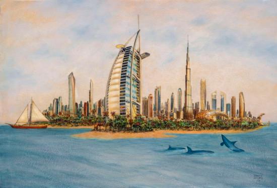 A nearly perfect cityscape of Dubai in which the city emerges from an oasis situated in the sea. It's a city reimagined and enhanced, where each building becomes a part of a carefully crafted pictorial composition.
The orcas emerge from the sea in a way that seems like they are reclaiming their space in nature, representing the entire animal kingdom that is going through a tough time due to climate change.
About the technique:
In his artistic process, Arriaga incorporates the Grisalla and Glazes technique, a traditional technique
method used by the ancient masters. They usually begin by painting the complete image all in black and white, creating a base known as grisaille, and then applying transparent glazes layer by layer,
producing a vibrant interplay of colors, gradients and volume. This technique adds depth and visual interest to his paintings. So Carlos employs photography as a grisaille, fashioning a photograph with minimal contrast and prominent highlights. This technique enables him to attain a notable sense of volume when translating it into painting, in conjunction with a unique texture. It ultimately yields a captivating vibrancy, depth of color, and a characteristic texture.