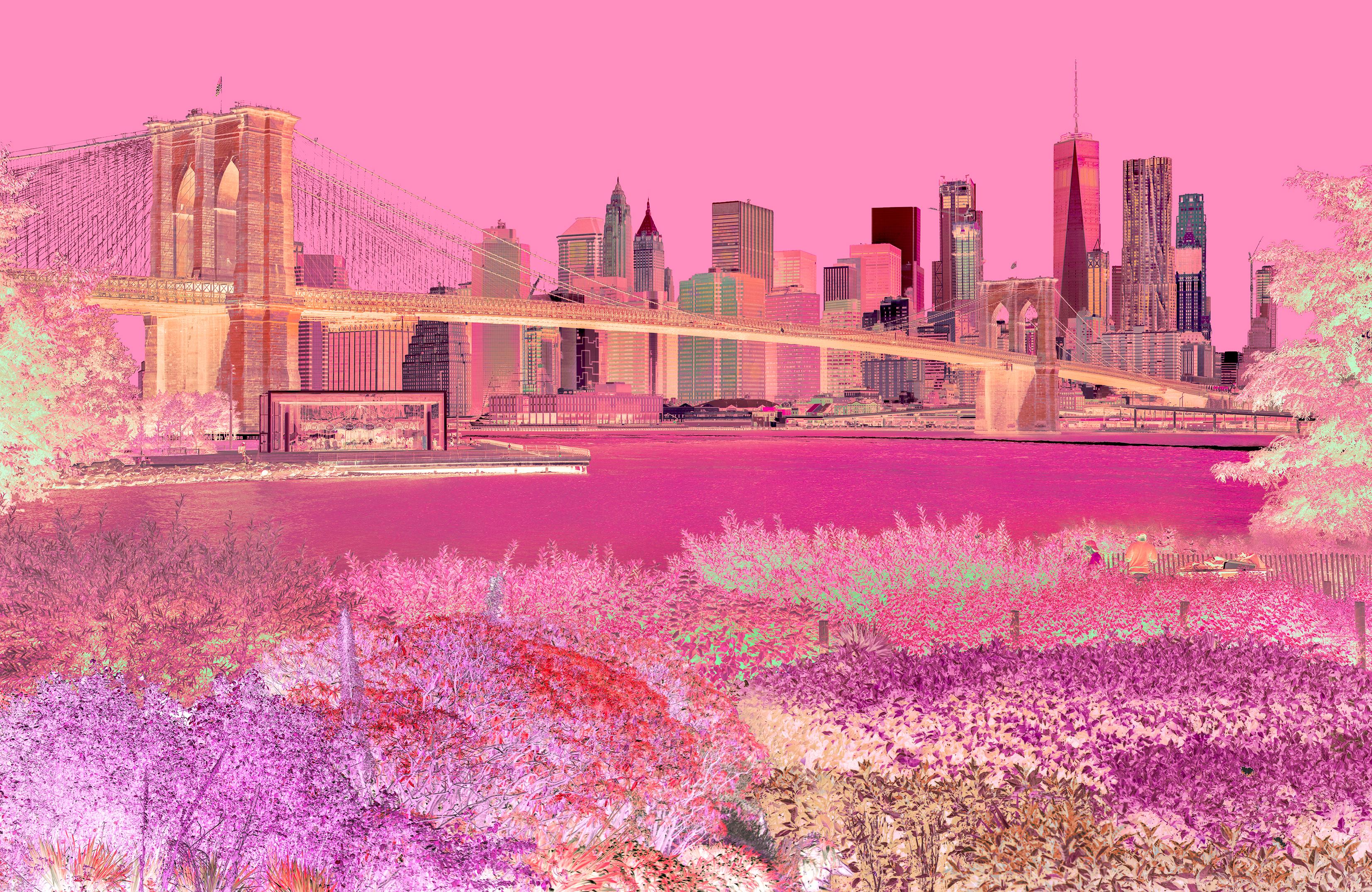 Brooklyn Bridge On the way to Manhattan in magenta colors. 